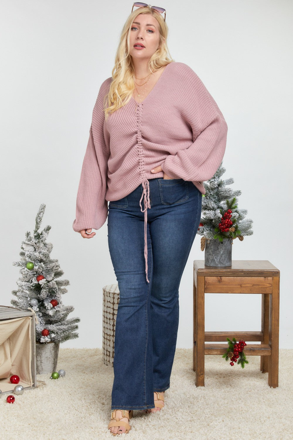 Davi & Dani Mauve Ruched Front V-Neck Knit Sweater in Plus