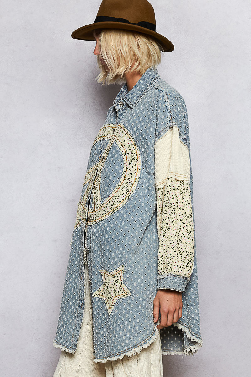 P46 POL PEACE & STAR LONG DENIM DUSTER CARDIGAN DRESS