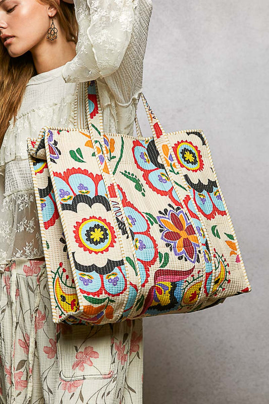 P49 POL Cream Kantha quilted patchwork floral embroidered XL boho tote bag