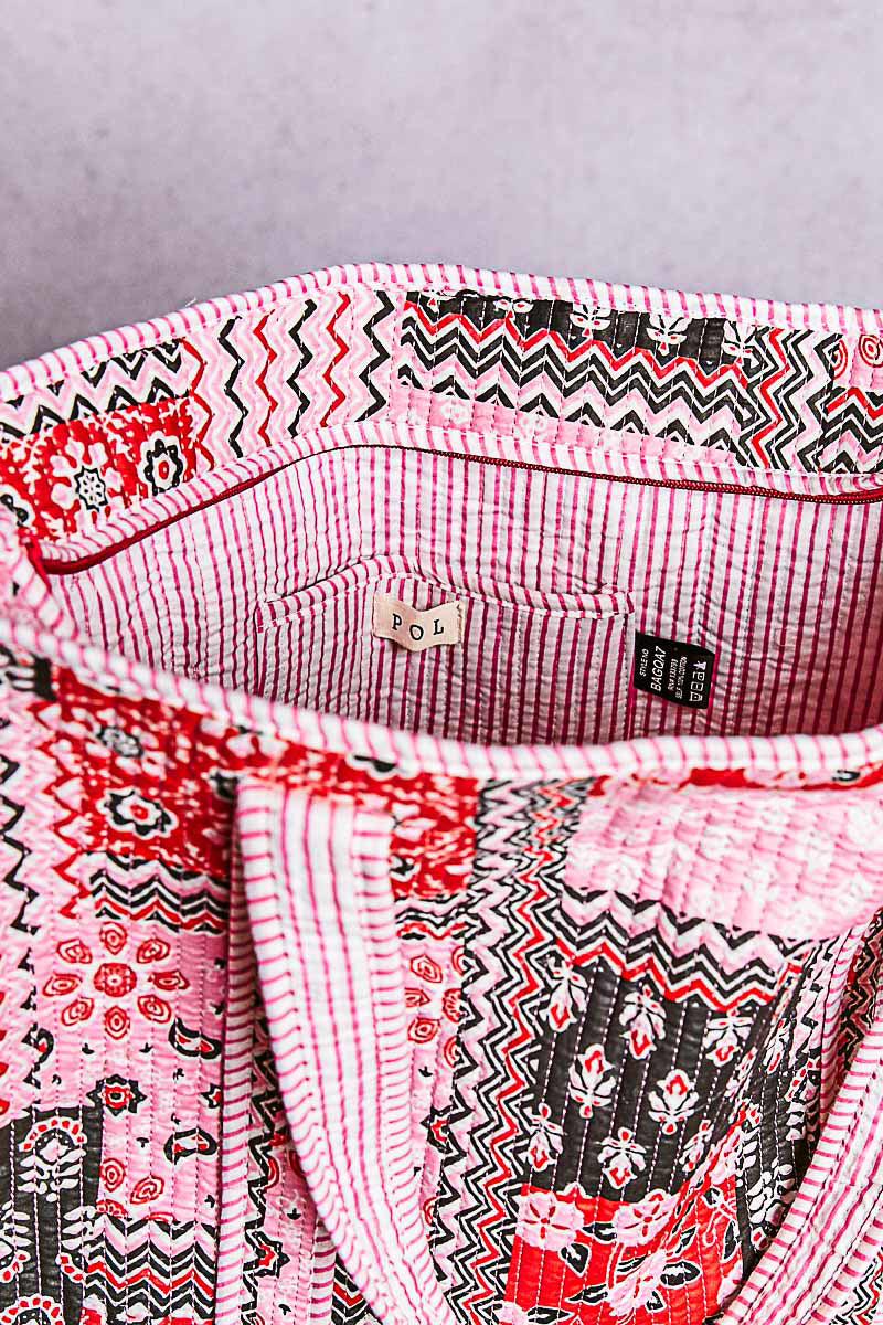P50 POL Pink Kantha quilted patchwork floral embroidered XL boho tote bag