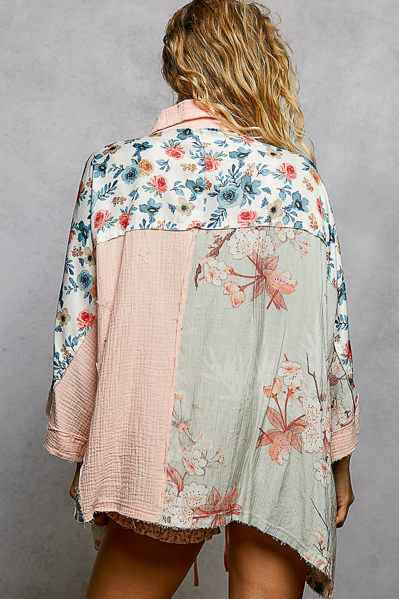 P49 POL Blush Garden Patchwork Shirt 100% Cotton Double Gauze Oversized Button-Up 🌸