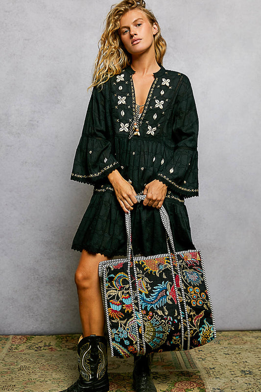 P47 POL Black Kantha quilted patchwork floral embroidered XL boho tote bag