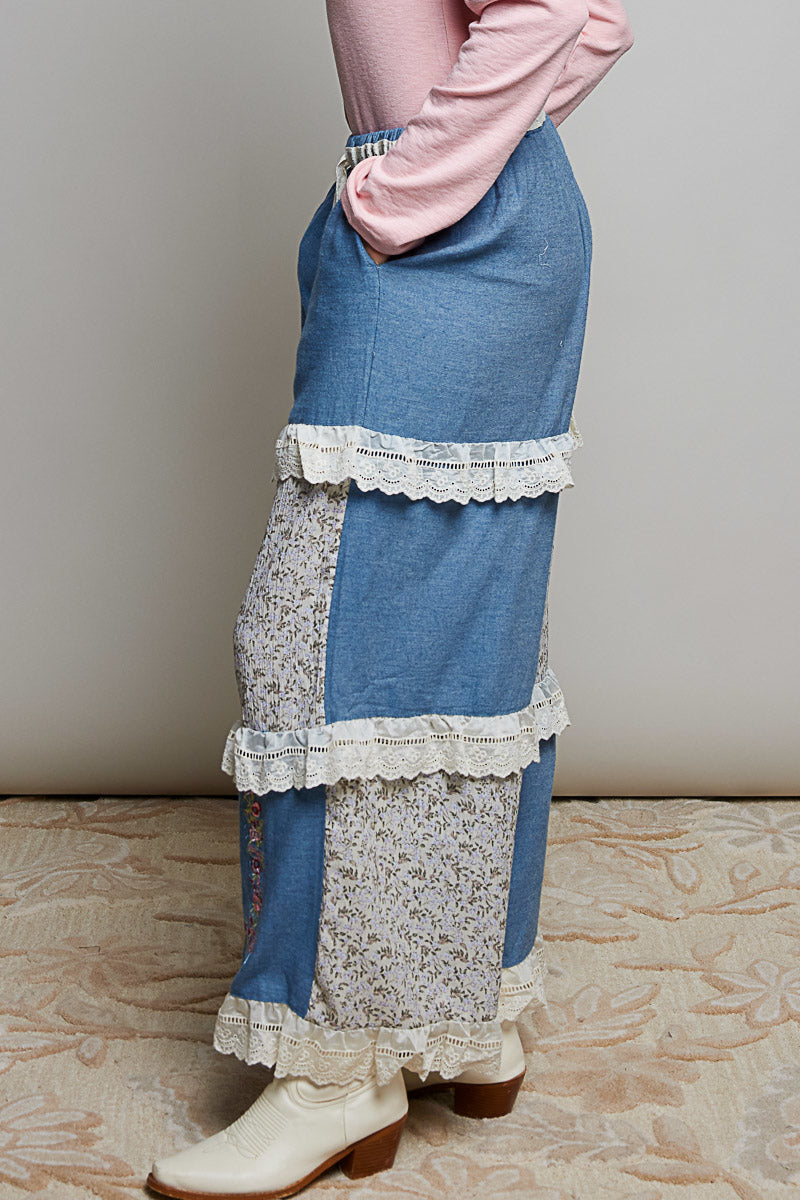P51 POL Boho Patchwork Wide Leg Denim Pants