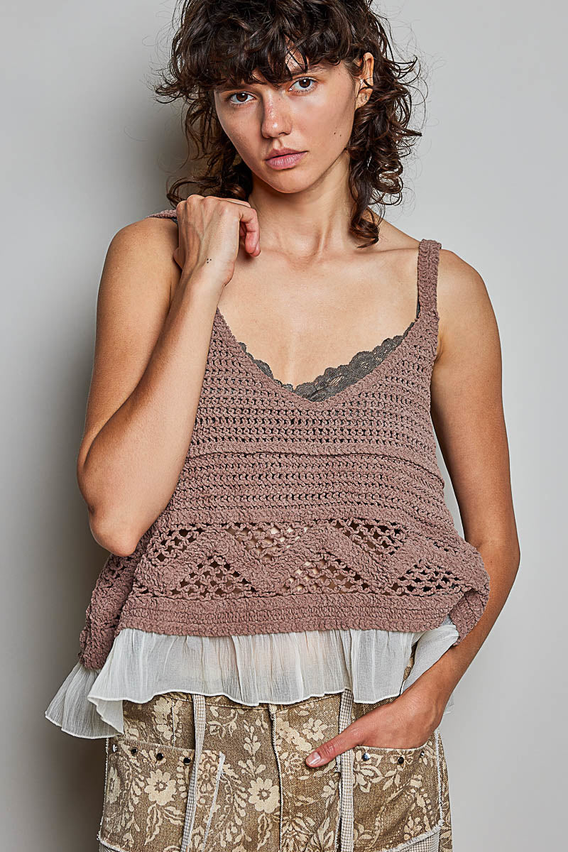 POL Crochet Openwork Lace Trim Relaxed Cropped Sleeveless Top Mocha