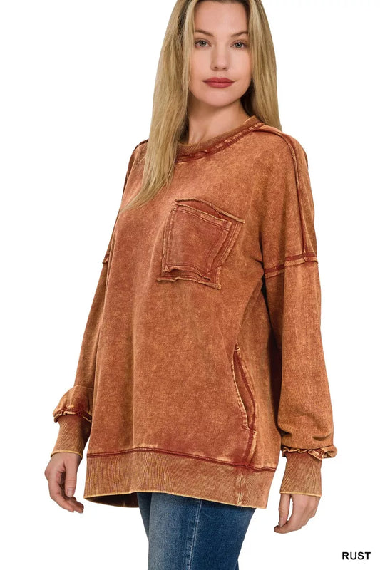 Zenana Acid Wash Raw Edge French Terry Sweatshirt with Front Pocket