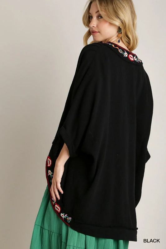 Umgee Embroidery Open Front Kimono with Pleated Shoulder Detail