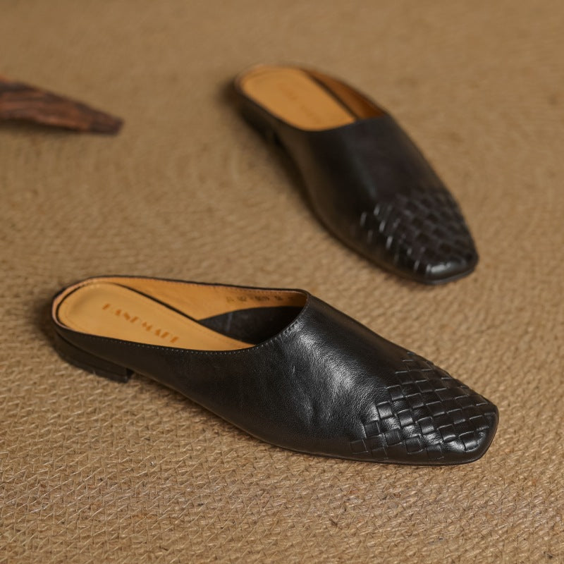 Women's Handmade Vintage Flat Leather Sandals | Cowhide Slip-On | Brown, Khaki & Black