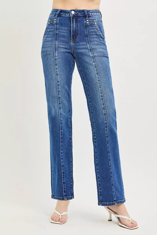 Dark Wash High Rise Straight Patch Pocket Seamed Jeans by Risen
