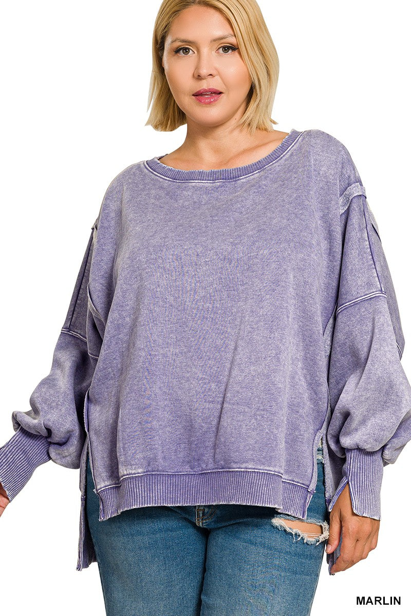 Zenana Plus Size Acid Washed Batwing Sleeve Fleece Sweatshirt