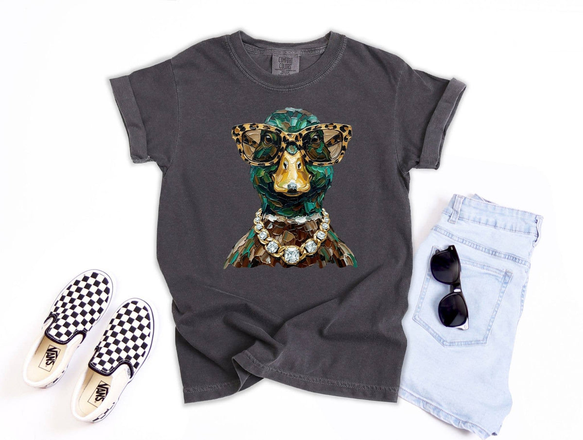 Glam Mallard Duck Graphic Tee - mallard wearing oversized leopard print glasses and a chunky jeweled necklace