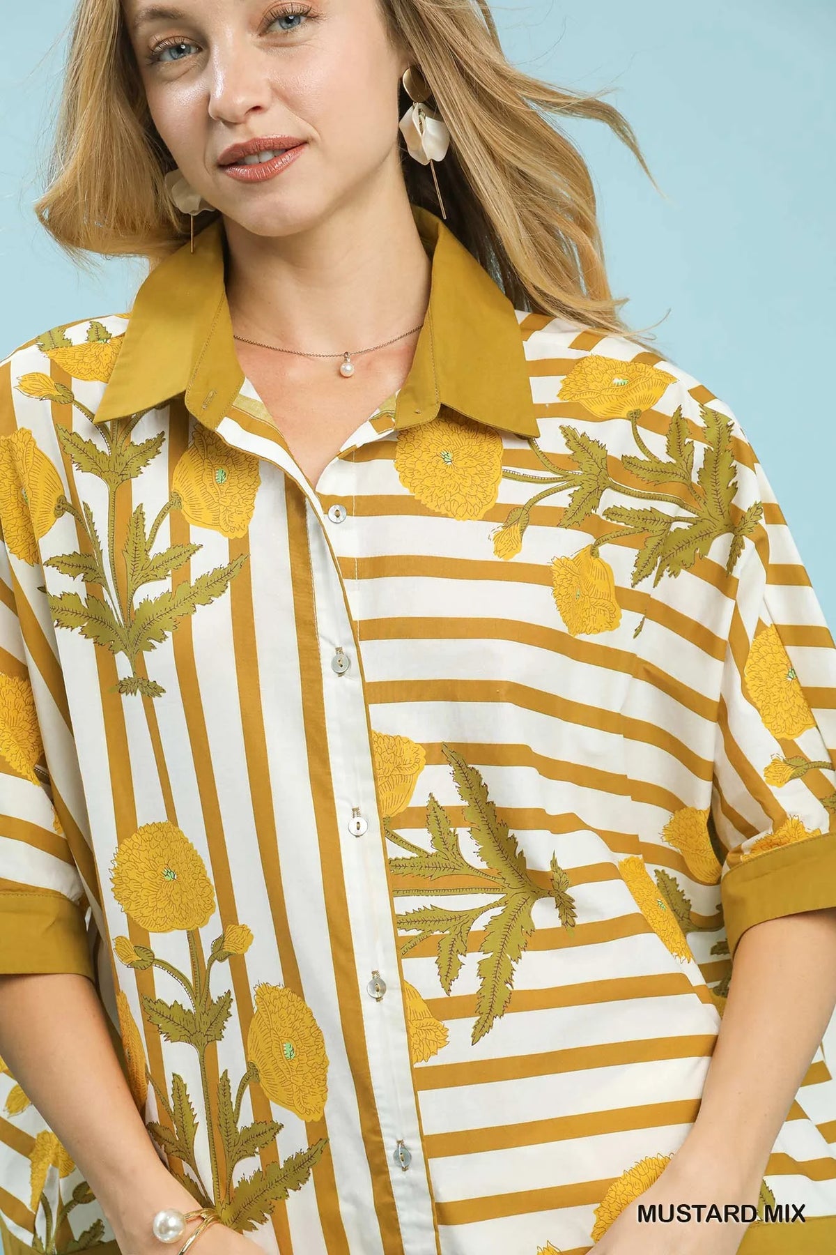Umgee Mix Floral Stripe Button Down Top