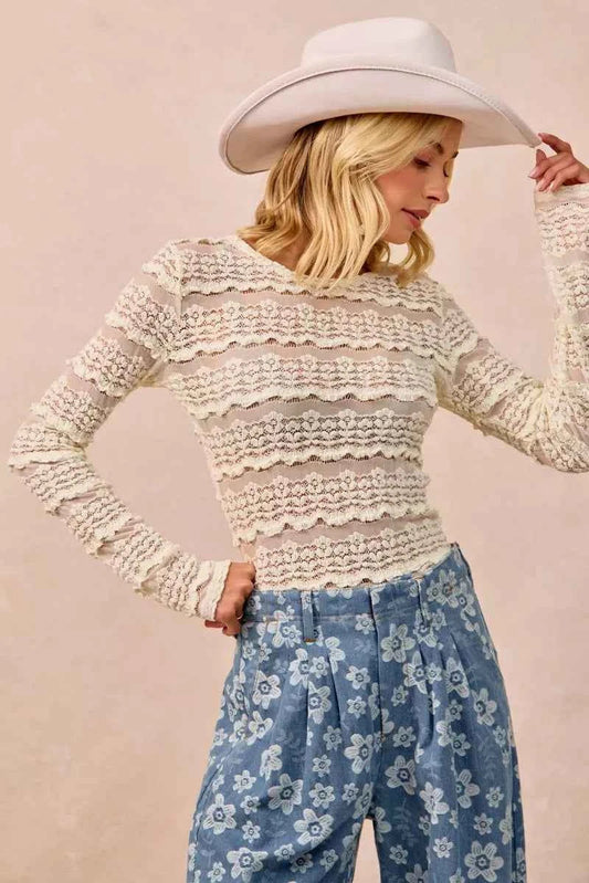 Cream Ruffles Detail Flower Lace Top by BiBi