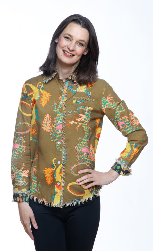 Cape Cod Top Olive Dragon Print