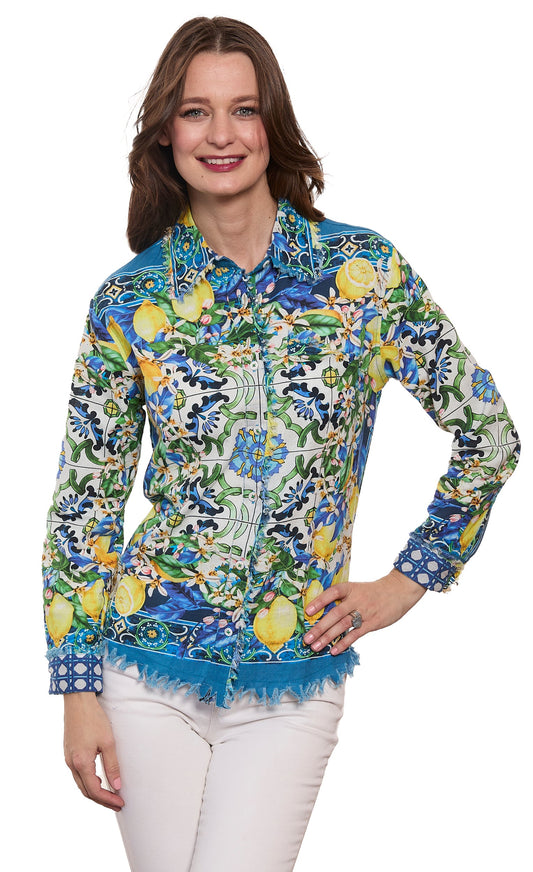 Cape Cod Top Lemons Print On Cotton Linen