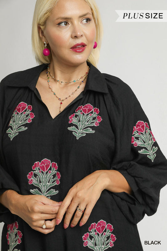 U19 Umgee Embroidered Floral Boho Ruffle Hem Dress Plus