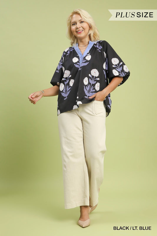 U20 Umgee Black with Blue Floral V-neck Blouse Plus