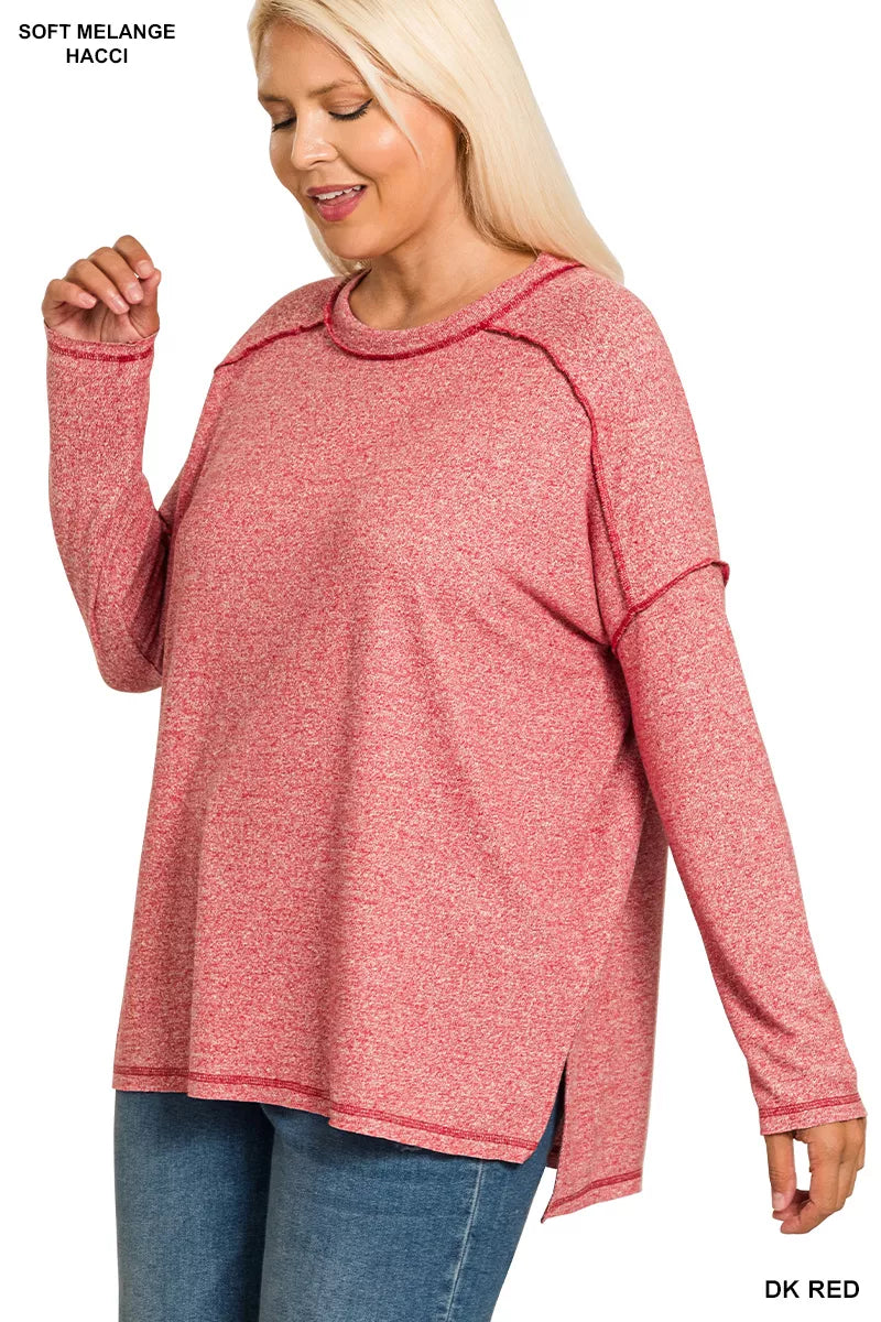 Zenana Full Size Melange Hacci Exposed Seam Hi-low Tee Plus Size