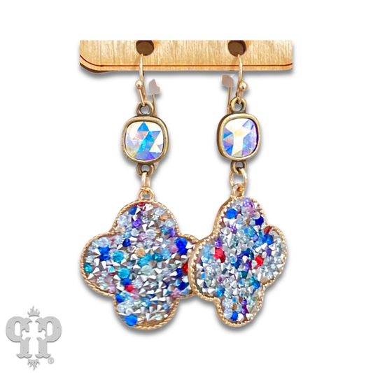 Crushed glitter clover earrings with Austrian crystal
