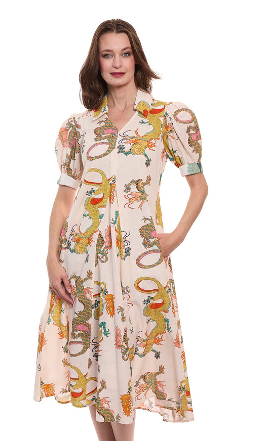Montauk Dress Natural Dragon Print Cotton Linen