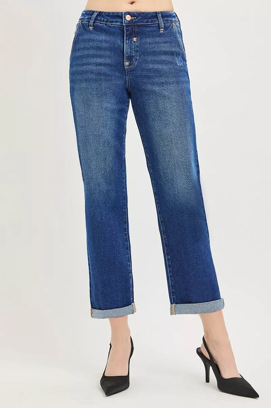 Slouchy Cropped Boyfriend Jeans with Cuffed Hem by Risen