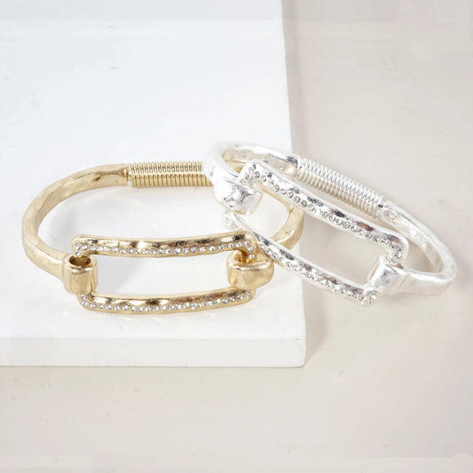 Wild Honey - Hammered Metal Rectangular Crystal Hook Bracelet