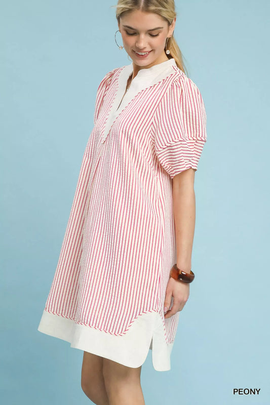 Umgee Pinstripe Shift Dress with Contrast Trim