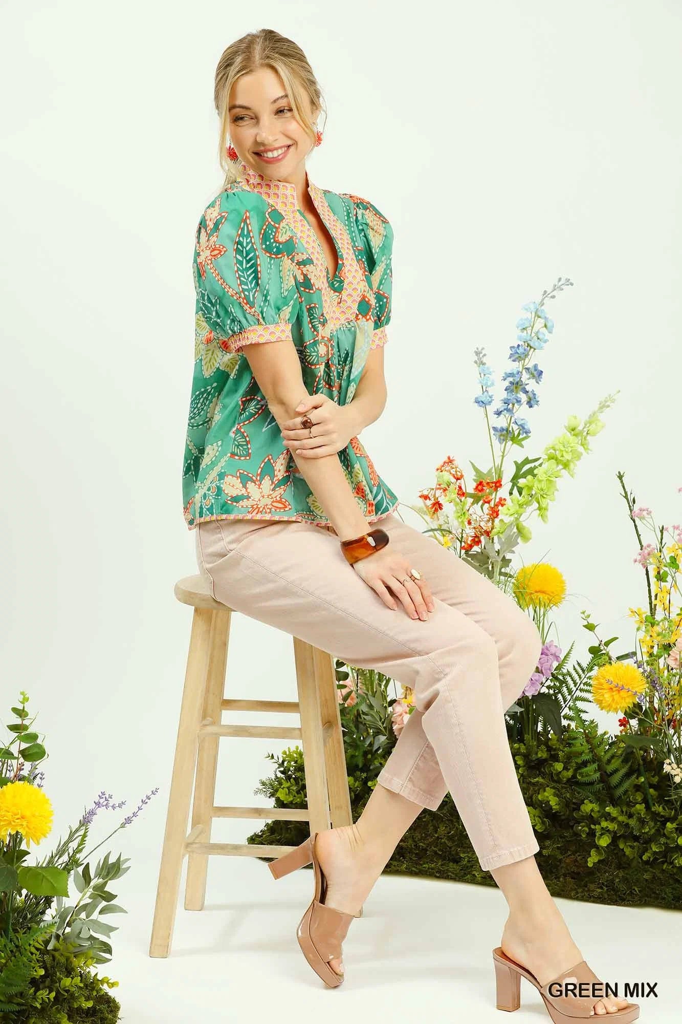 Umgee Mixed Abstract Print Puff Sleeve Blouse