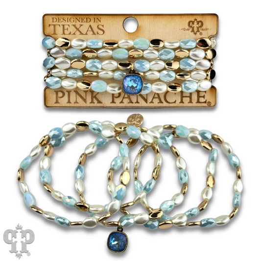Glass and acrylic oval bead bracelet set with Austrian crystal charm