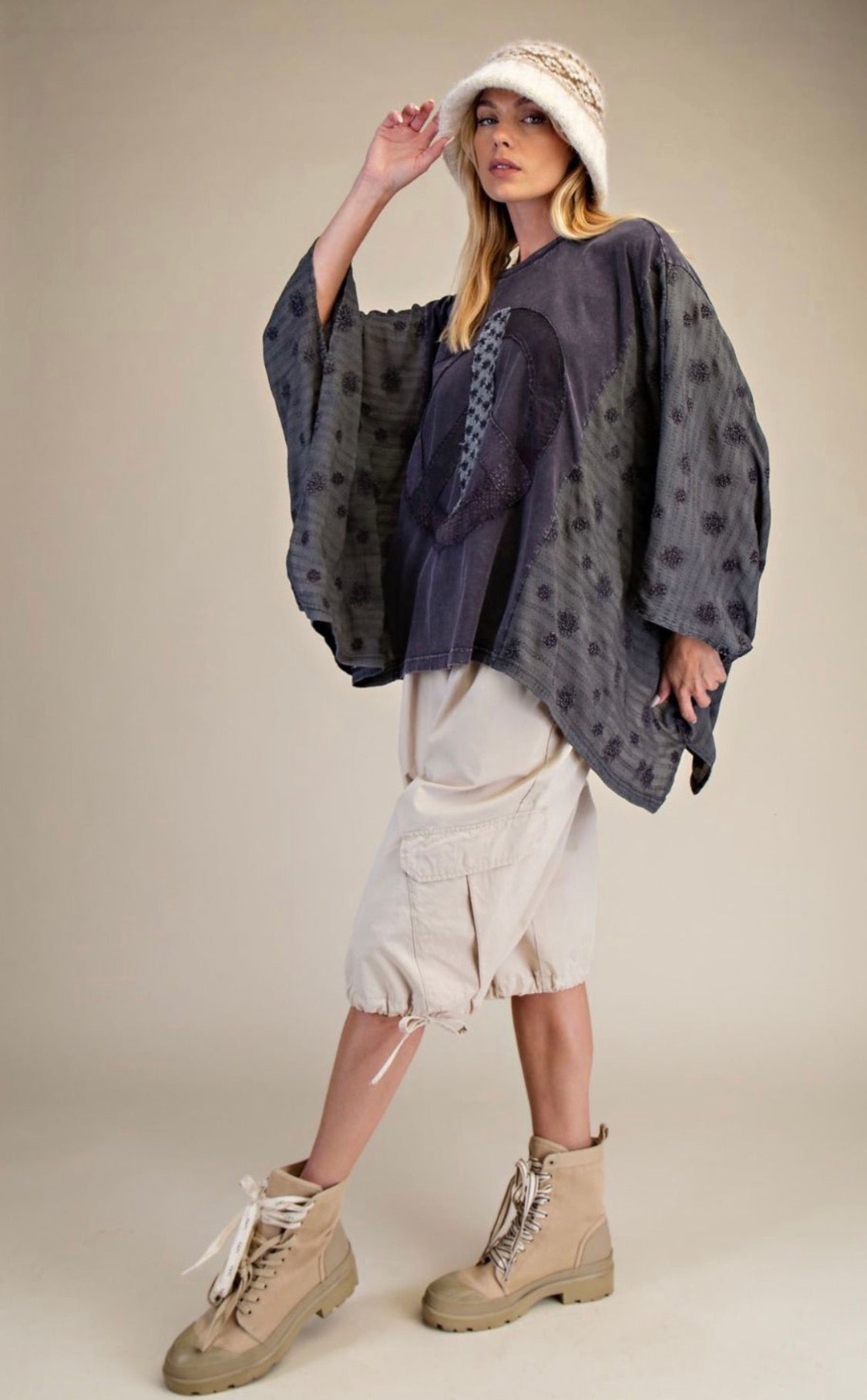 E12 Easel Black Mineral Washed Peace Sign Poncho Top