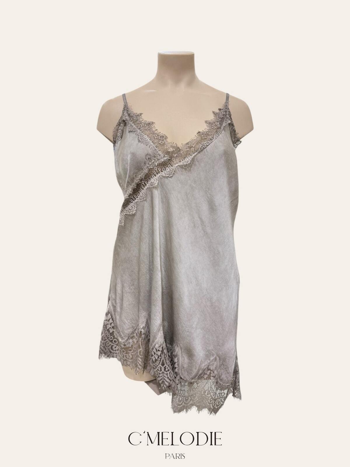 CM2 Flowing Satin Italian Top with Elegant Lace and Delicate Straps Plus