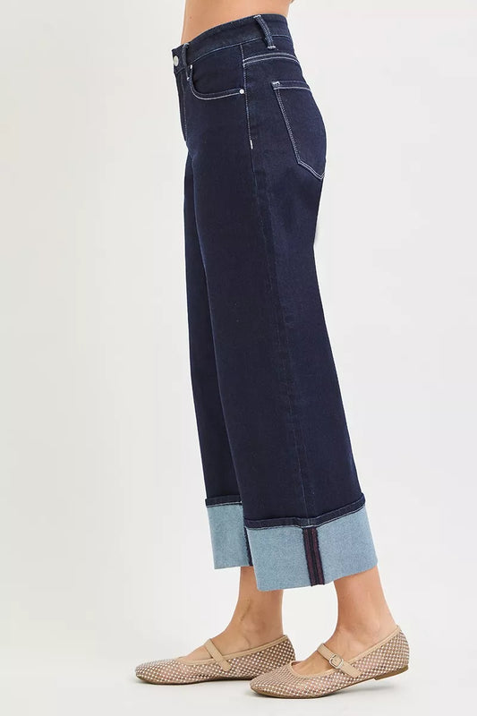 Dark Wash Slouchy Crop Barrel Cuffed Hem Jeans by Risen