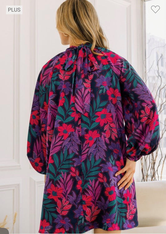 O4 Oddi Garden Party Floral Dress in Navy and Pink Plus