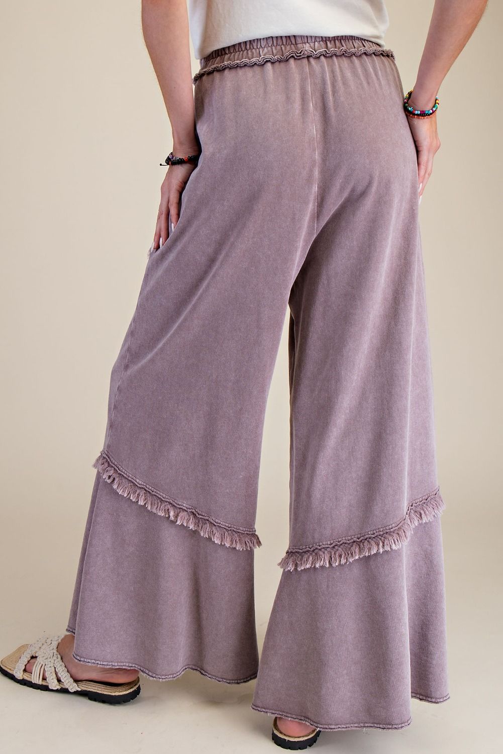 E18 Easel Wide Leg Mineral Washed Mocha Terry Pants Patch Pockets Frayed Hem Plus Size