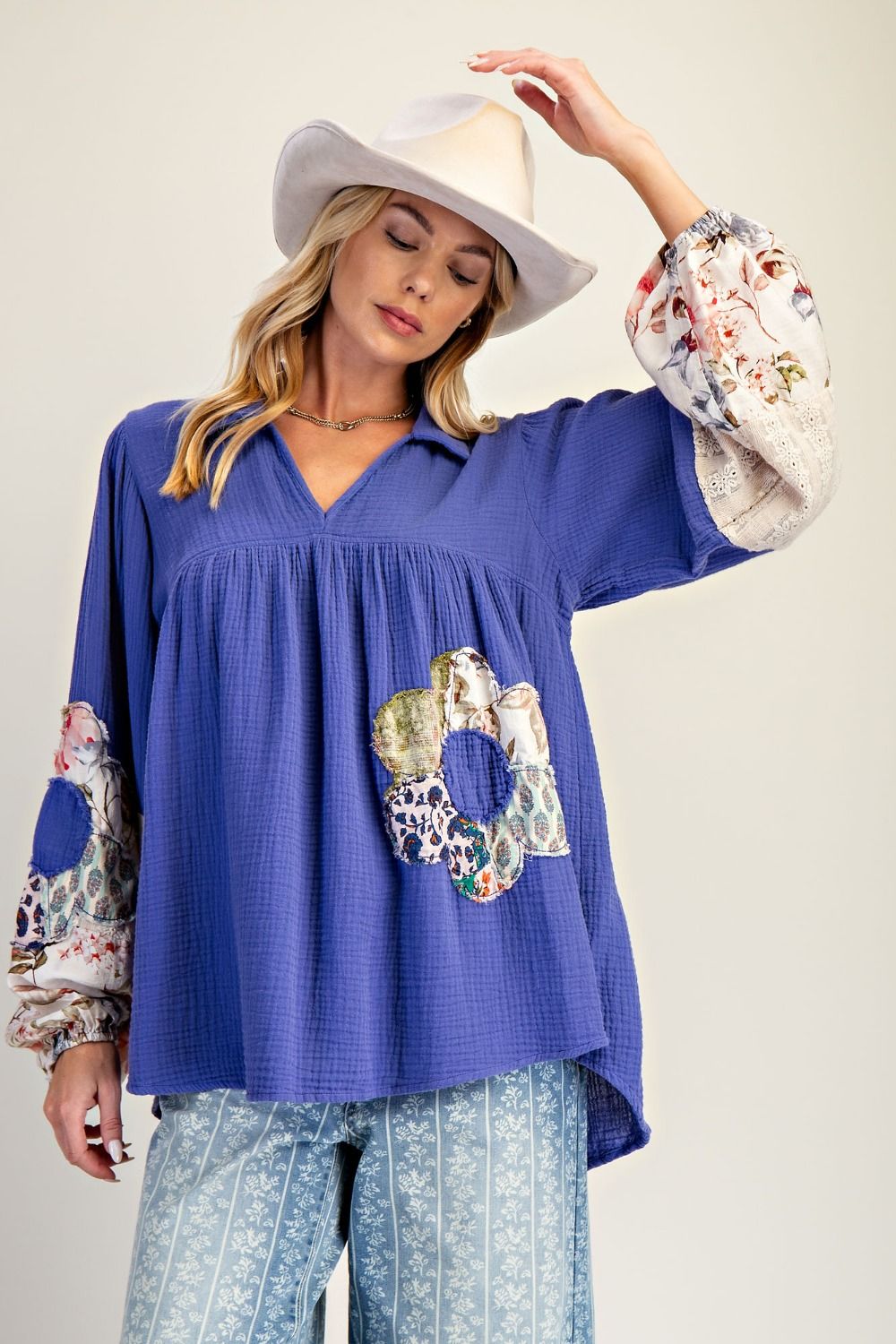 E26 Easel Royal Blue Flower Patch Detail Washed Cotten Gauze Tunic Regular & Plus Size