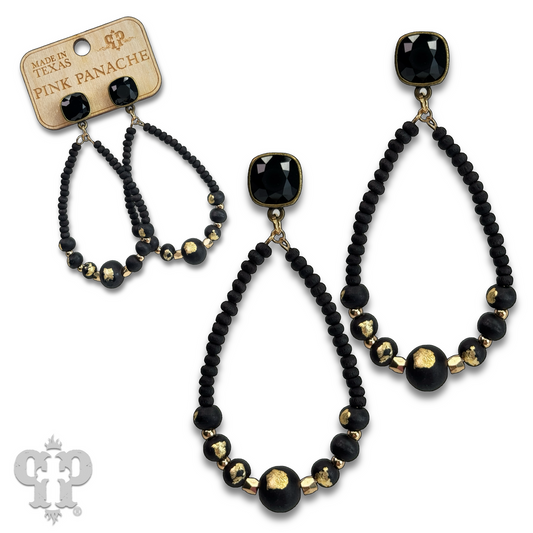 Graduated wood bead teardrop earring with Austrian crystal - LC