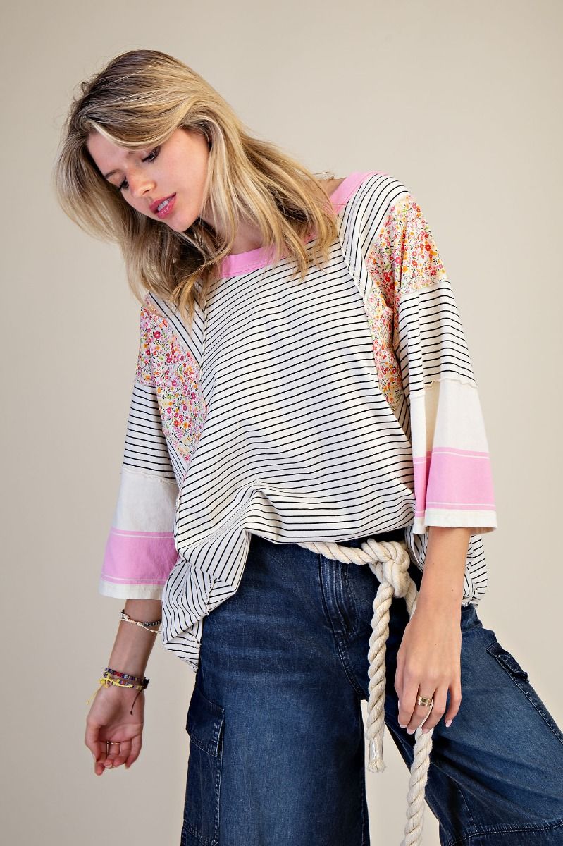 E36 Easel Striped Mix Print Mineral Washed Oat and Black with Pink Knit Top Regular and Plus