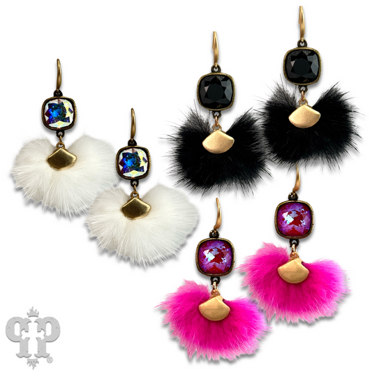 Fuzzy pom-pom earring with Austrian crystal - LC