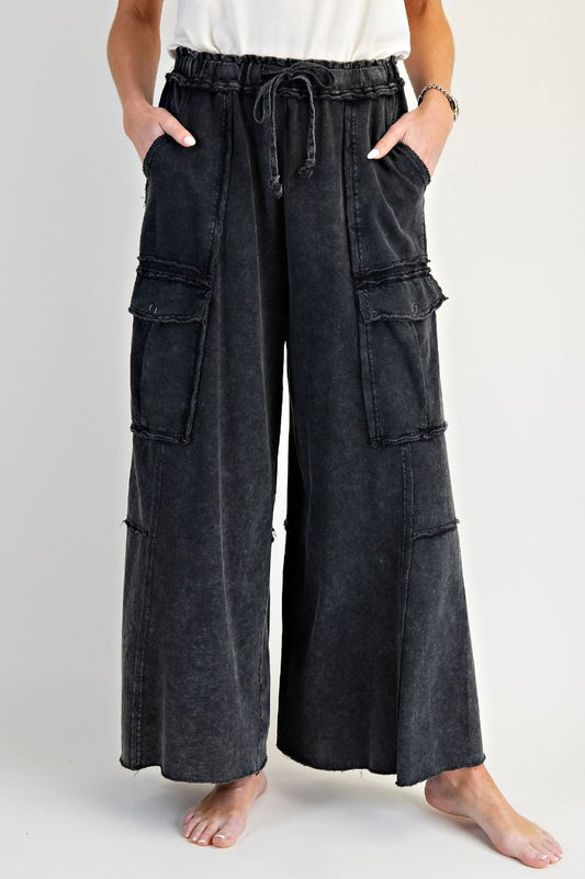 E37 Easel Feeling Good Black Mineral Wash Wide Leg Cargo Pants Plus