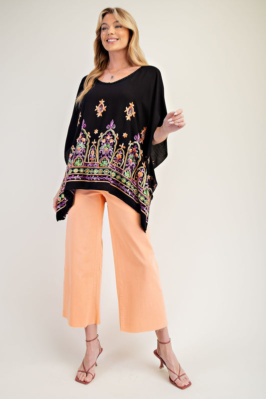 E39 Easel Embroidered Rayon Challis Poncho Tunic