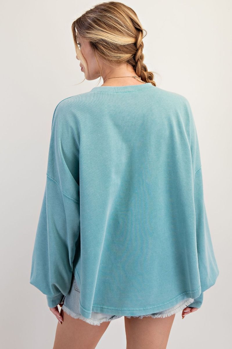 E3 Easel Teal Leopard Star Long Sleeve Mineral Washed Top
