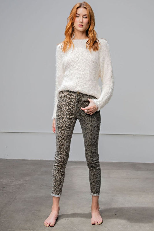 E7 Unique Easel Khaki Olive Green Leopard Skinny Jeans Frayed Hem