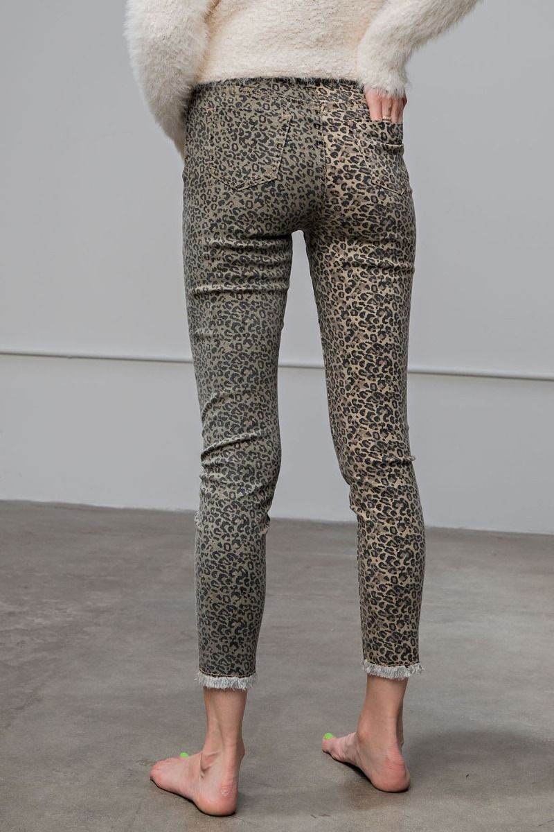 E7 Unique Easel Khaki Olive Green Leopard Skinny Jeans Frayed Hem