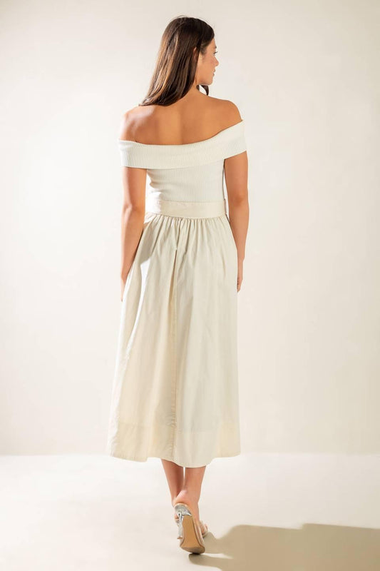 SOCIAL SEASON OFF SHOULDER MIDI DRESS