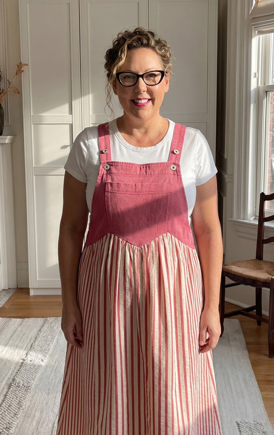 O5 Oddi Colored Denim and Striped Overall Dress in Washed Hot Pink Plus