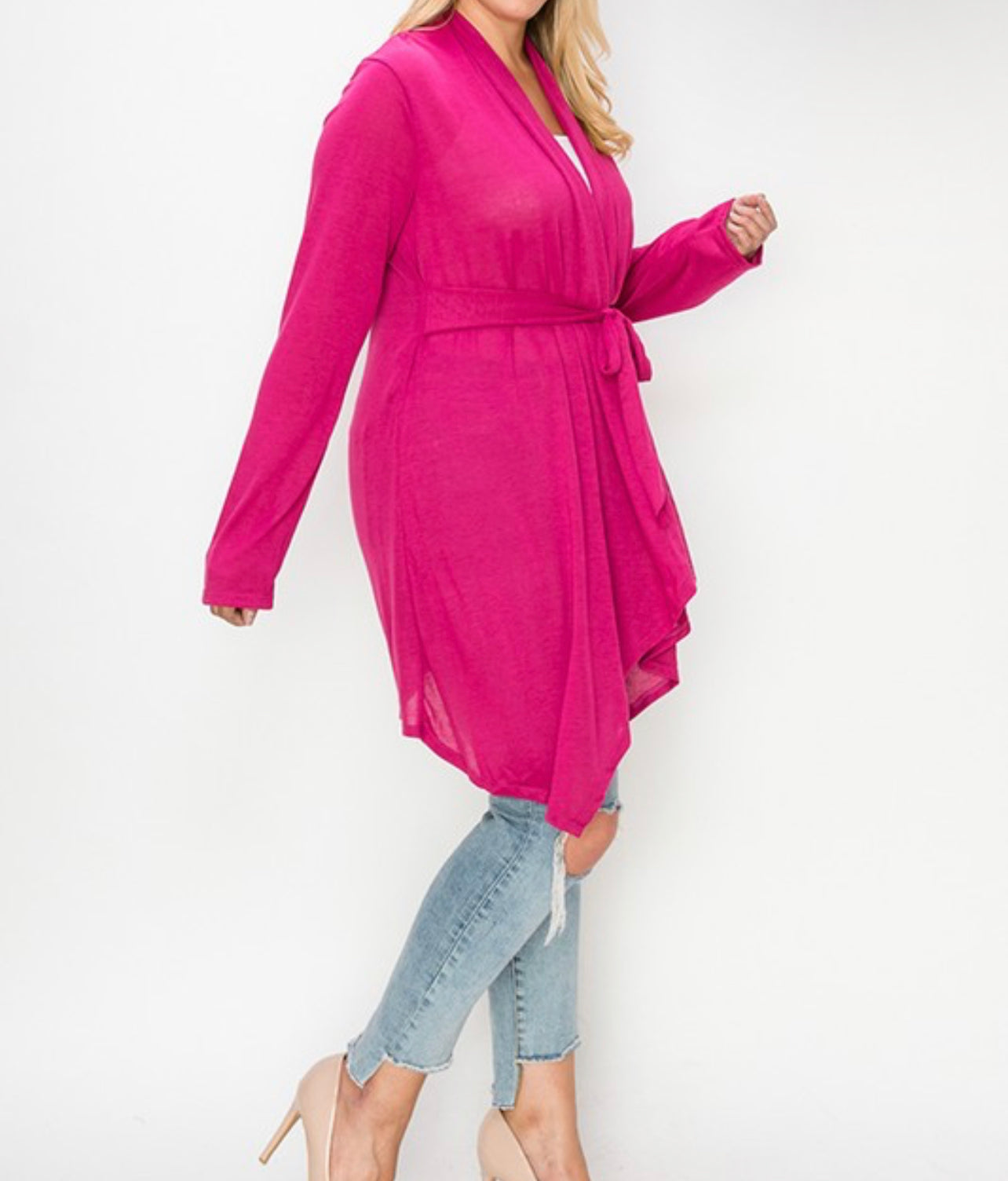 Women's Plus Size Tie Waist Magenta Cardigan