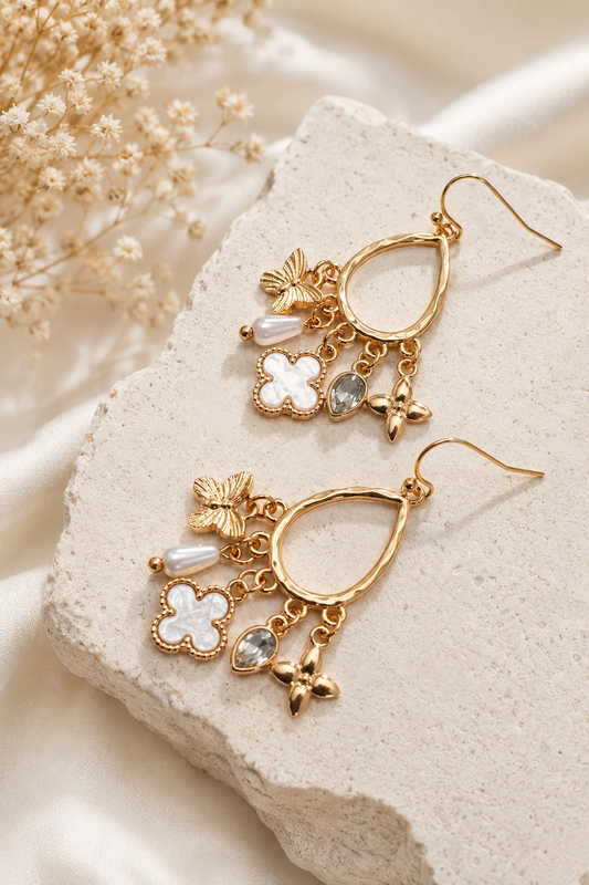 Gold Multi-Charm Clover Teardrop Earrings by Josslyn