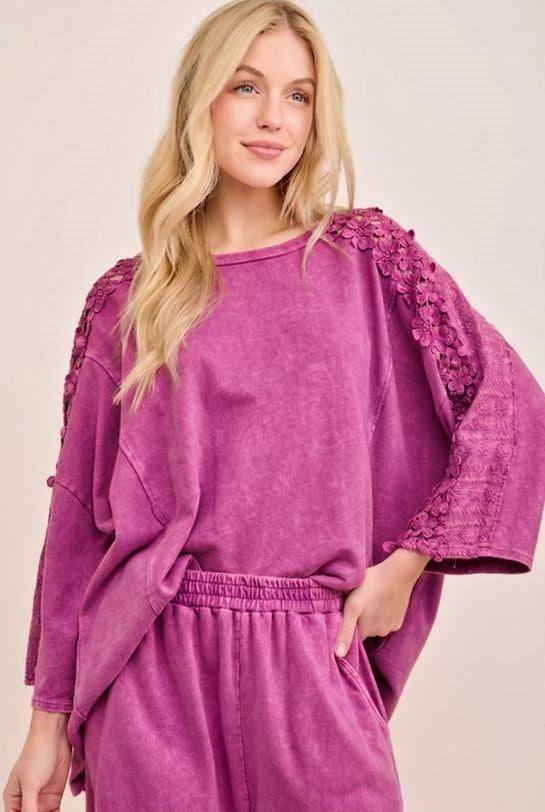 J10 J Her Plus Size Magenta Mineral Washed Flower Tim Detailed Top