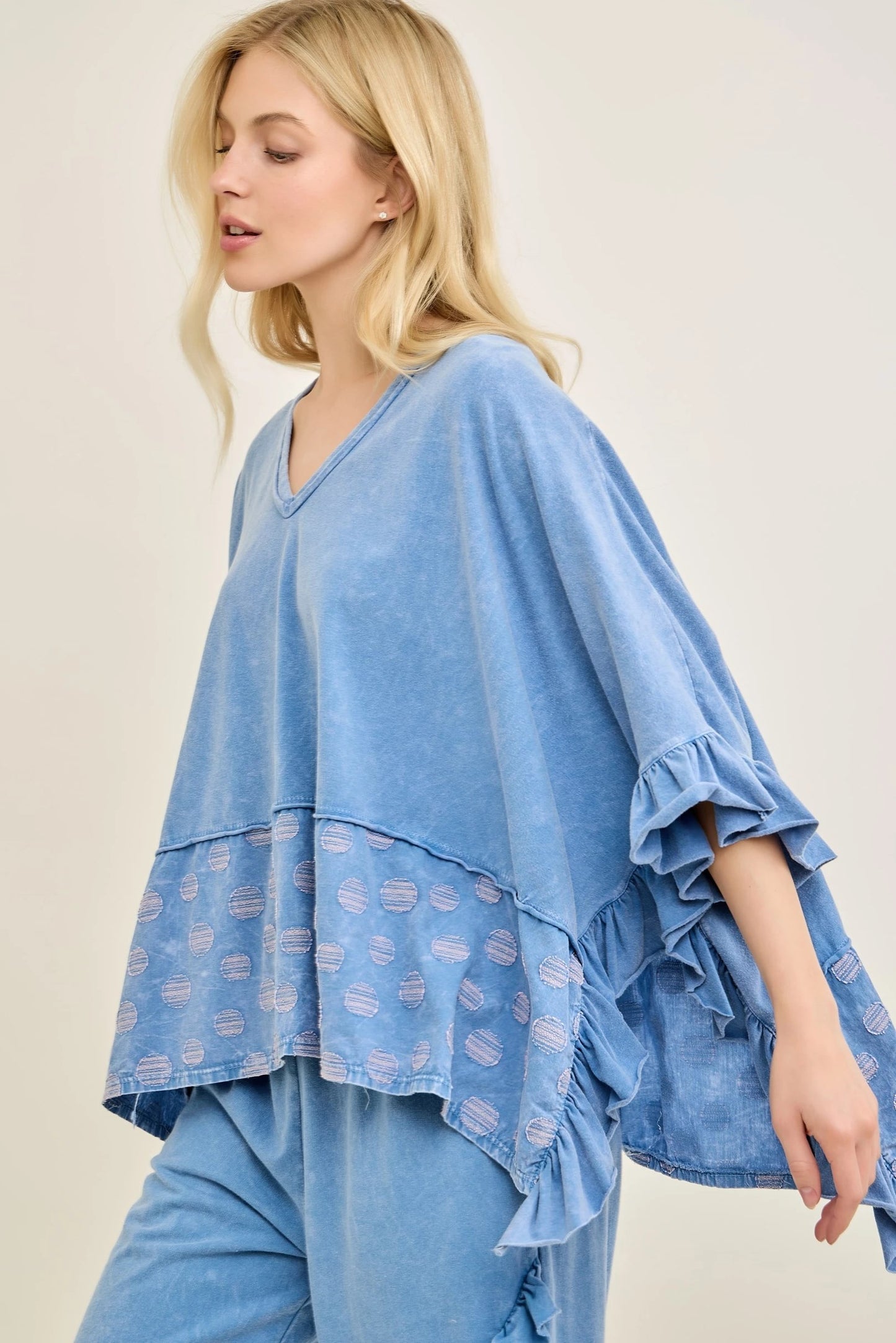 J9 J. Her Denim Blue Polka Dot Ruffle Pants and Poncho Top Set