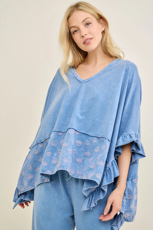 J9 J. Her Denim Blue Polka Dot Ruffle Pants and Poncho Top Set
