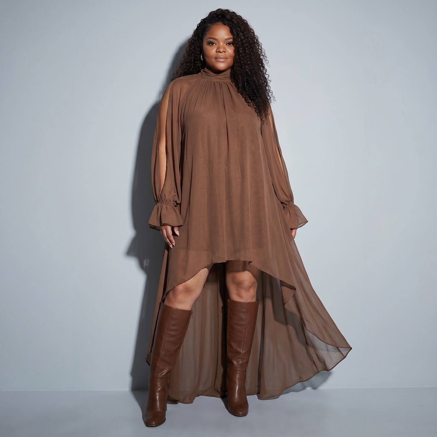 Womens Plus Size Brown High-Low Halter Maxi Dress